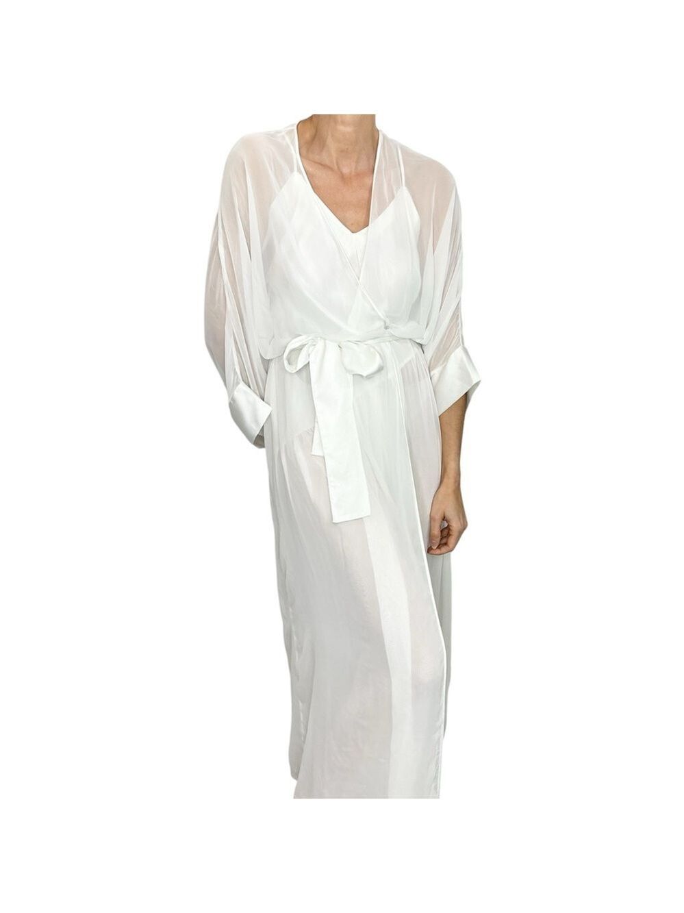 Vintage 80s white chiffon satin low back chemise kimono sleeve robe peignoir set